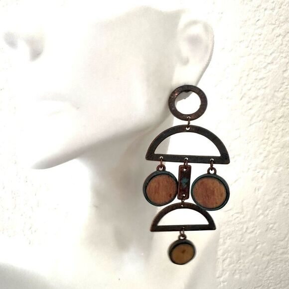 Copper geometric drop earrings - Picture 2 of 11